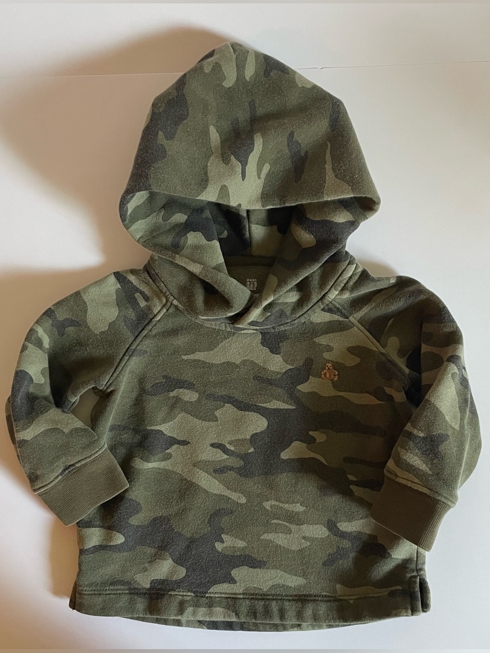 Baby GAP Camo Hooded Sweatshirt in Olive and Dark Green with embroidered bear